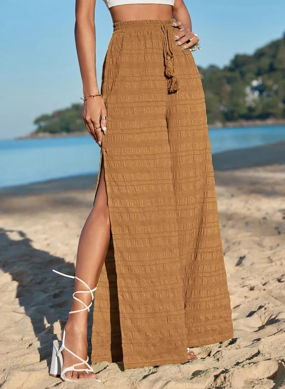 Dokotoo Casual Wide Leg Pants for Women Elastic High Waist Tie Drawstring Side Split Pants