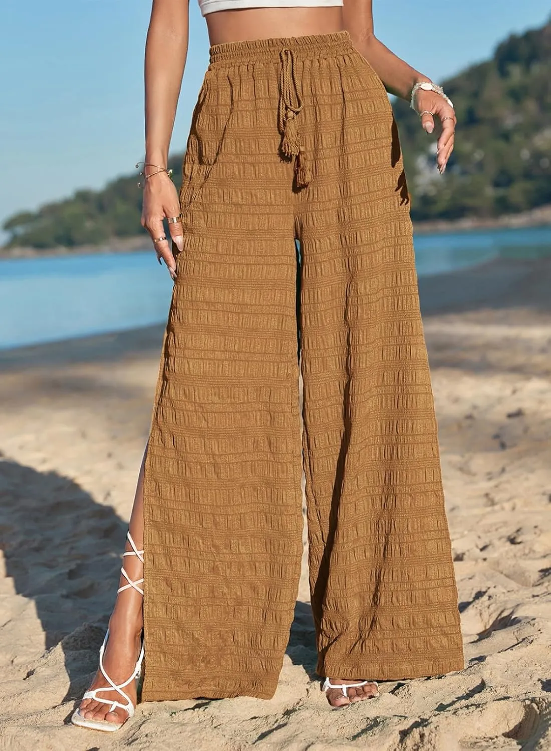 Dokotoo Casual Wide Leg Pants for Women Elastic High Waist Tie Drawstring Side Split Pants
