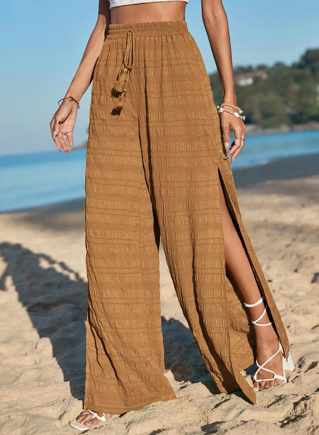 Dokotoo Casual Wide Leg Pants for Women Elastic High Waist Tie Drawstring Side Split Pants