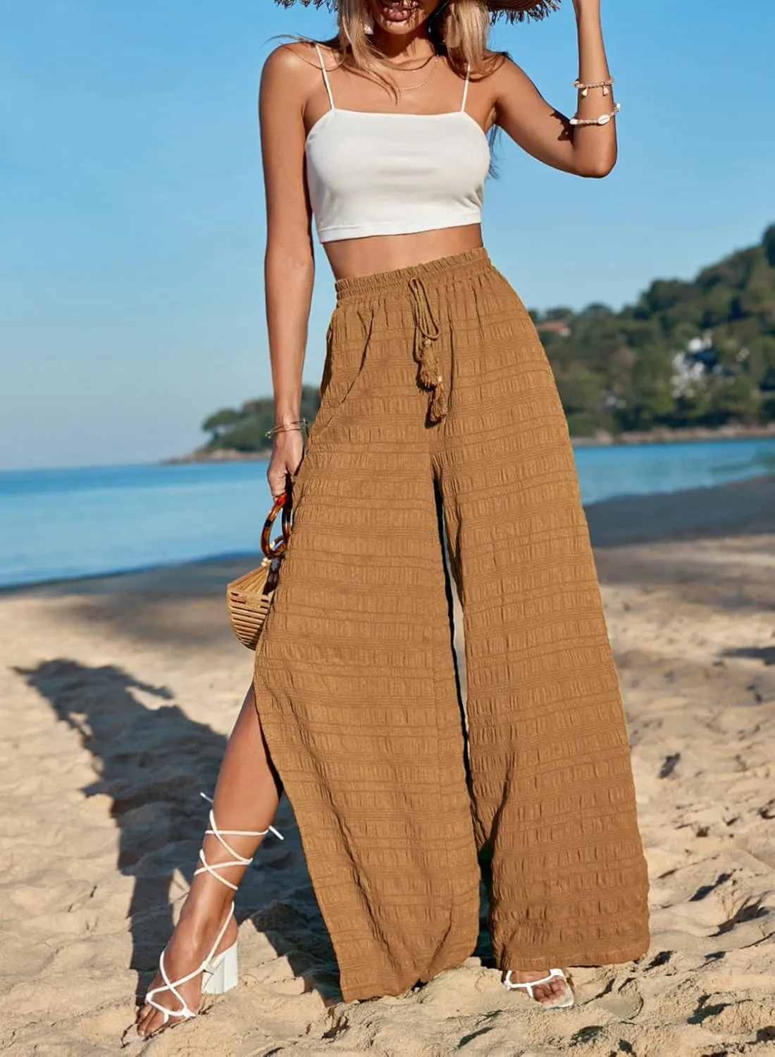 Dokotoo Casual Wide Leg Pants for Women Elastic High Waist Tie Drawstring Side Split Pants