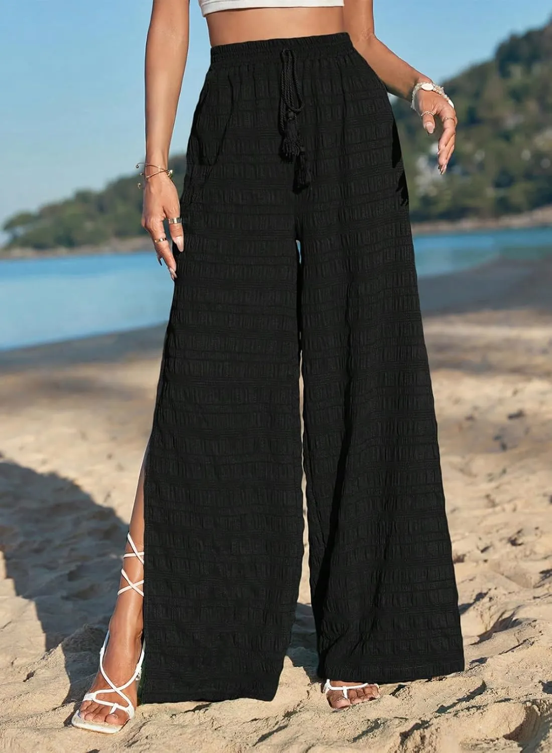 Dokotoo Casual Wide Leg Pants for Women Elastic High Waist Tie Drawstring Side Split Pants