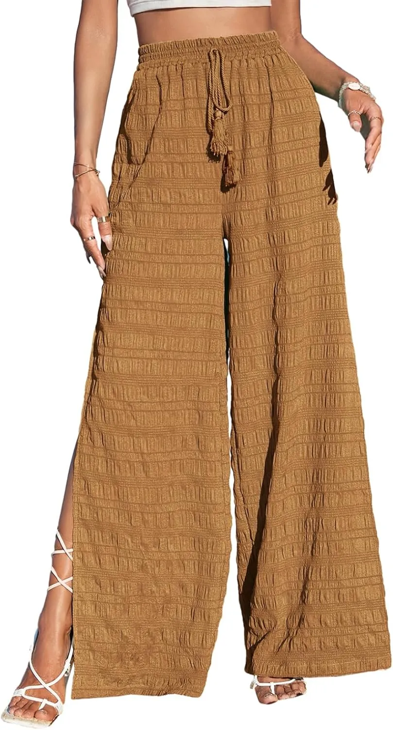 Dokotoo Casual Wide Leg Pants for Women Elastic High Waist Tie Drawstring Side Split Pants