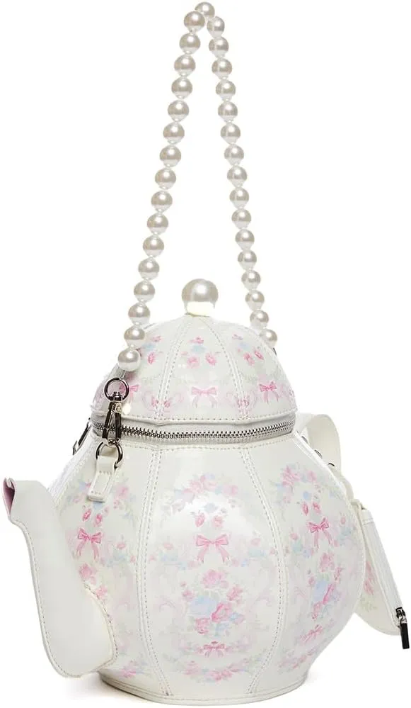 Dolls Kill Tea Society Handbag by Sugar Thrillz - Vegan Leather, Floral Print, Pearl Strap, Perfect for Whimsical Style