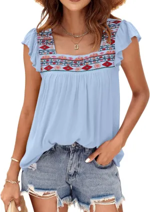 DOROSE Womens Square Neck Embroidered Tops Flowy Babydoll Tops Ruffle Sleeve Boho Peasant Blouses
