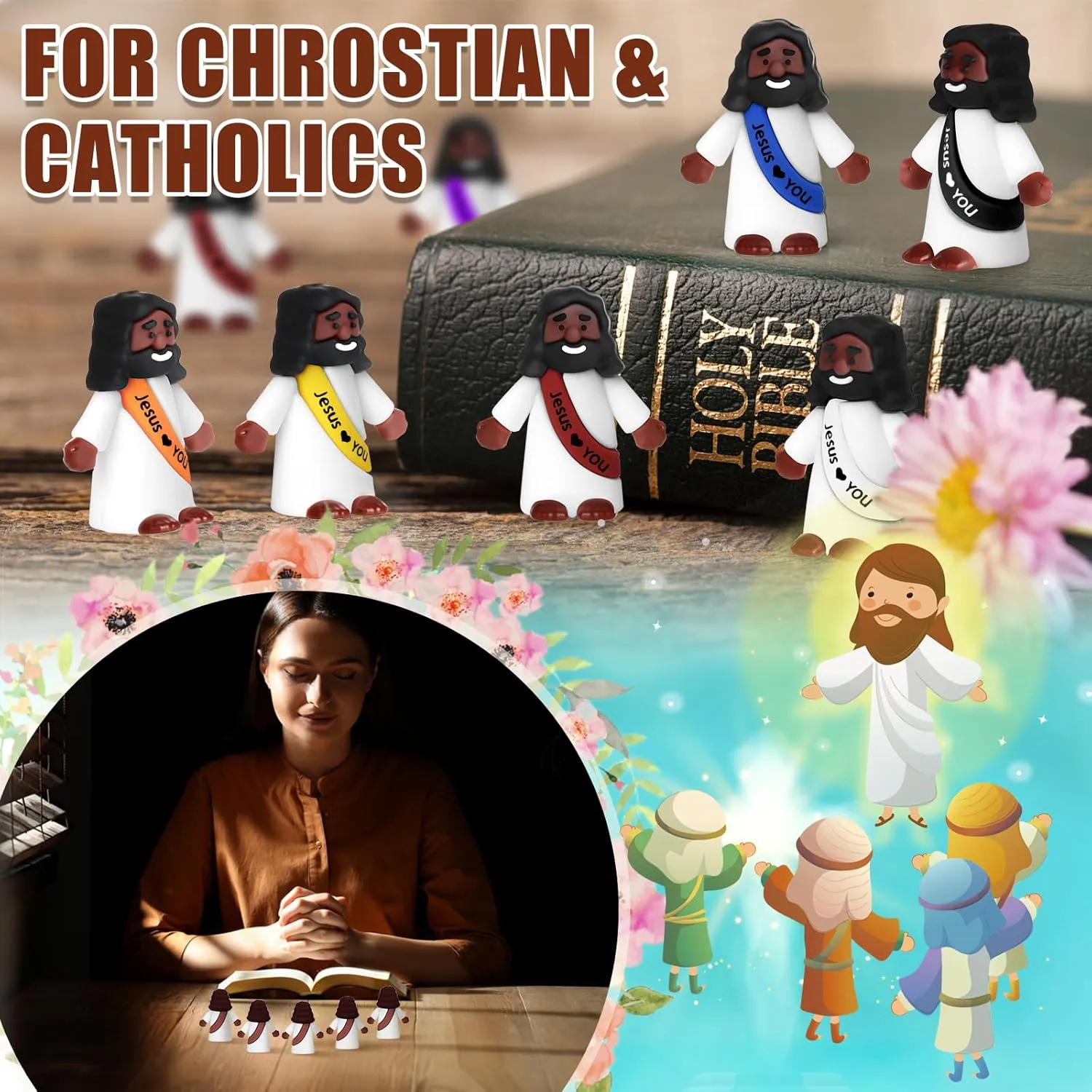 Draupnir 60PCS Little Jesus Figures Easter Black Mini Jesus Figurines in Bulk, Religious Jesus Loves You Figures Gift(Rainbow,Jesus Love You)