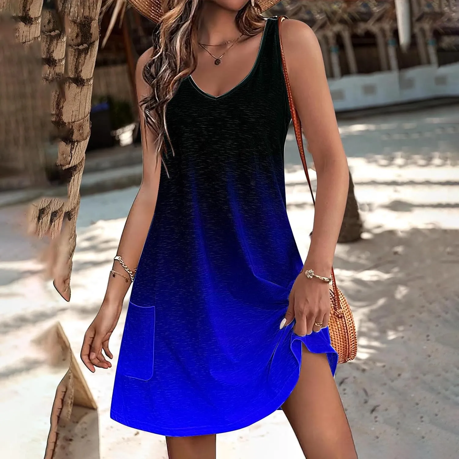 Dresses for Women 2024 Casual Gradient Graphic Print Sun Dress Sleeveless A Line Beach Dress with Pockets