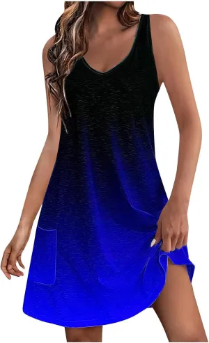 Dresses for Women 2024 Casual Gradient Graphic Print Sun Dress Sleeveless A Line Beach Dress with Pockets