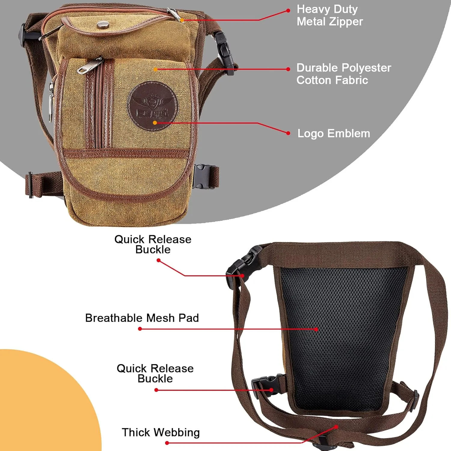 Drop Leg Bag Thigh Bag for Women and Men, Tactical Leg Pouch Thigh Purse, Motorcycle Thigh Fanny Pack Hip Bag Pouch with Leg Strap for Outdoor, Brown
