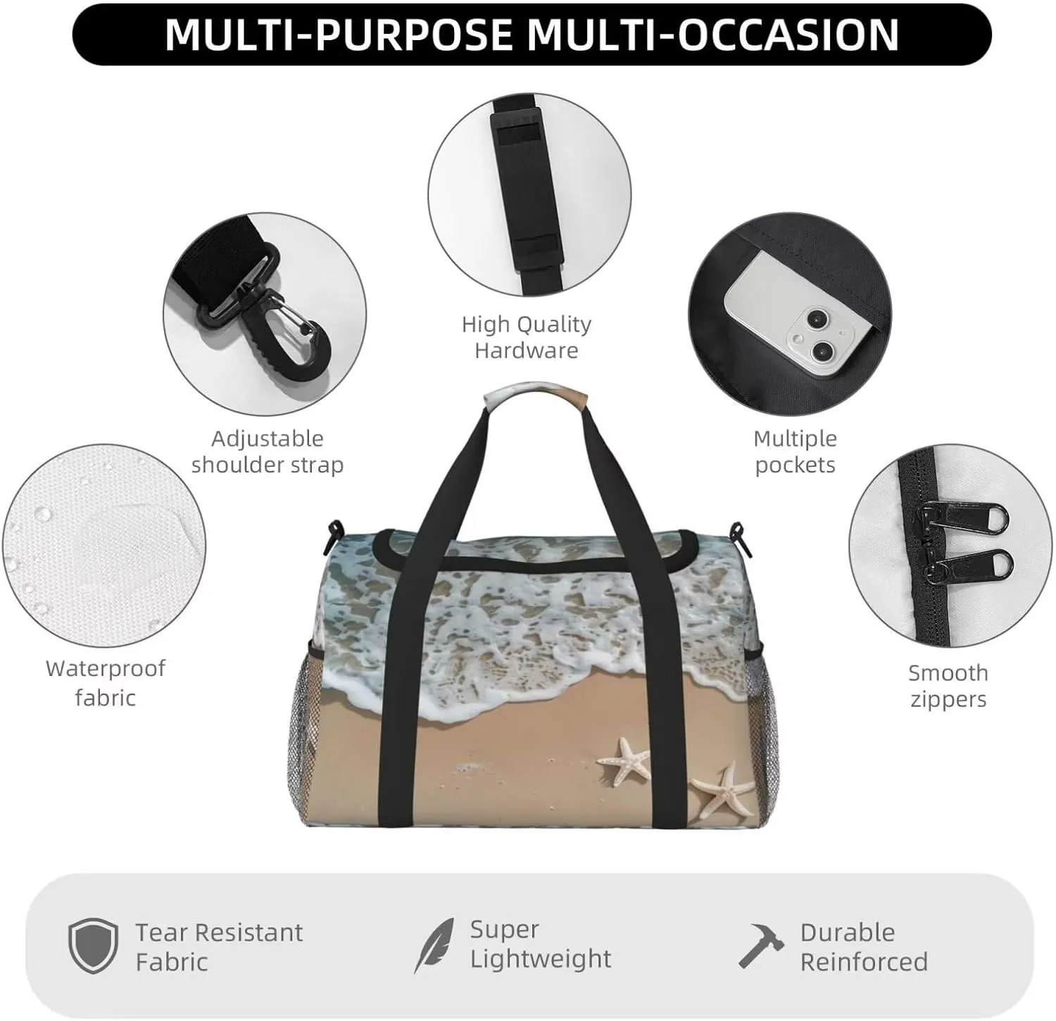 Duffel Bag for Travel Camping Sports Beach Starfish Print Tote Bag Workout Dance Bag Ocean Theme Luggage Bag Nylon Overnight Bag