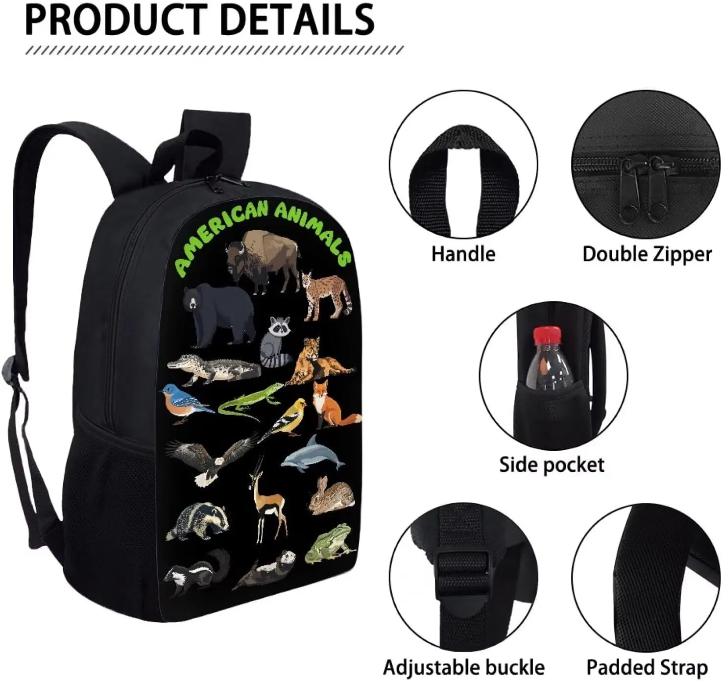 Eagle Otter Bear American Animal Print Kids Backpack for Boys Girls Elementary Cute Zoo Animal School Bag 17 inch Multifunctional Large Capacity Durable Travel Backpack
