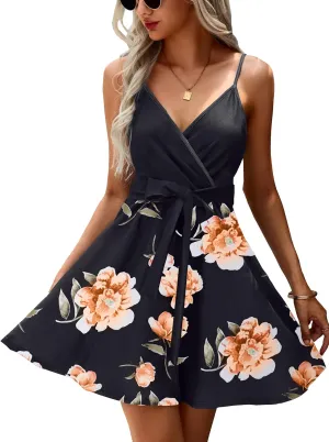 ECOWISH Summer Dresses for Women 2025 V-Neck Spaghetti Strap Bowknot Backless Sleeveless Lace Mini Swing Skater Dress
