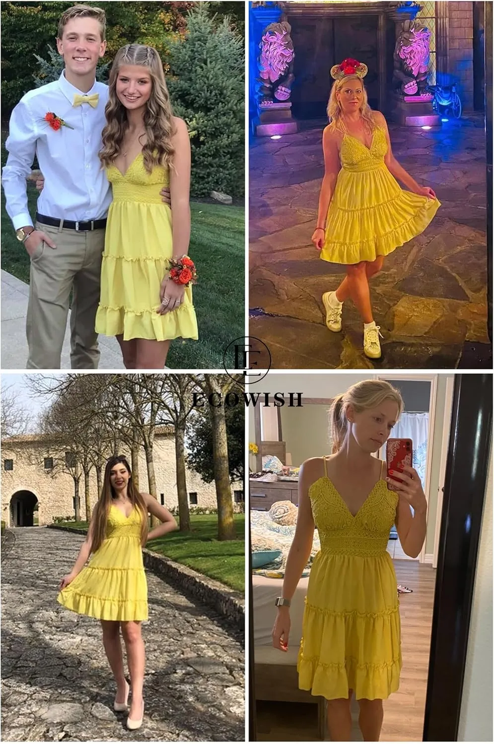 ECOWISH Summer Dresses for Women 2025 V-Neck Spaghetti Strap Bowknot Backless Sleeveless Lace Mini Swing Skater Dress