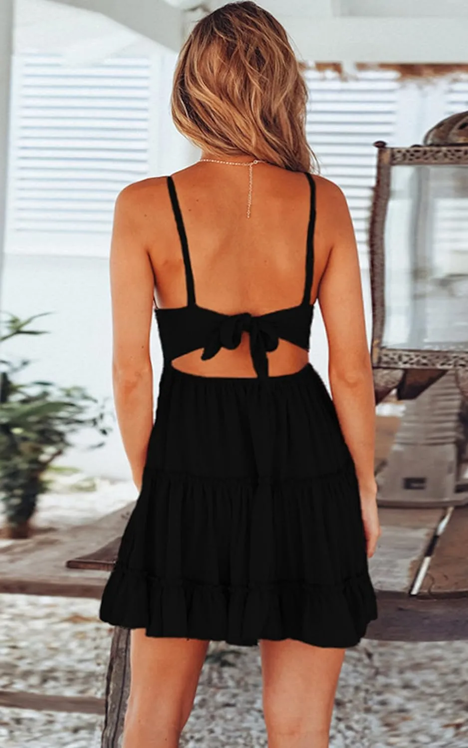 ECOWISH Summer Dresses for Women 2025 V-Neck Spaghetti Strap Bowknot Backless Sleeveless Lace Mini Swing Skater Dress