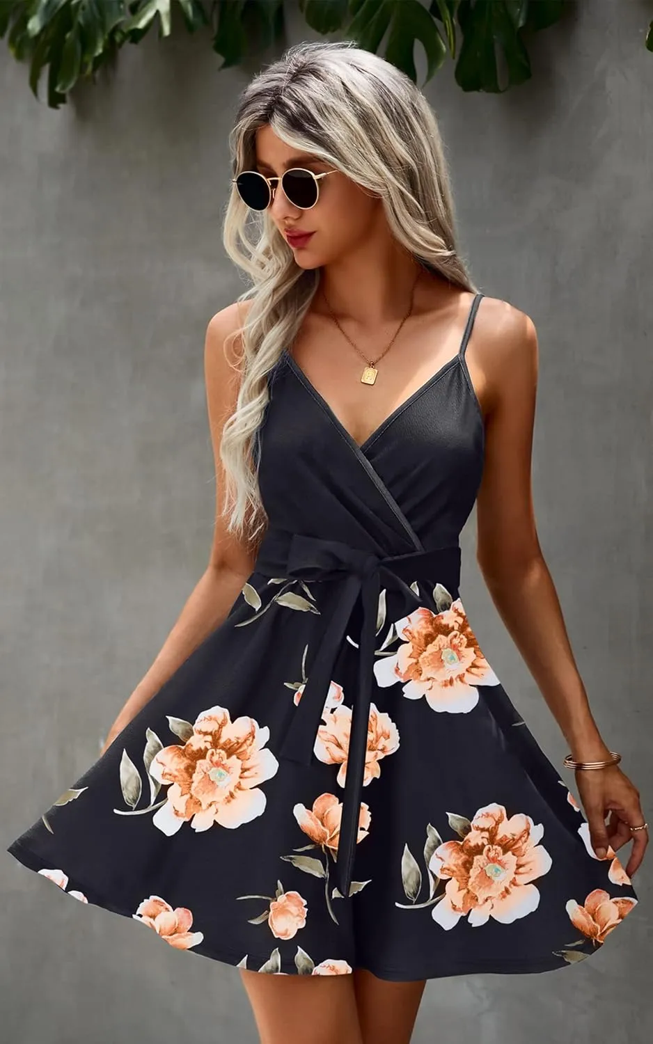 ECOWISH Summer Dresses for Women 2025 V-Neck Spaghetti Strap Bowknot Backless Sleeveless Lace Mini Swing Skater Dress