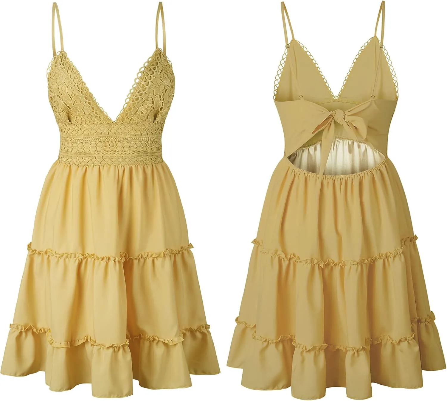 ECOWISH Summer Dresses for Women 2025 V-Neck Spaghetti Strap Bowknot Backless Sleeveless Lace Mini Swing Skater Dress