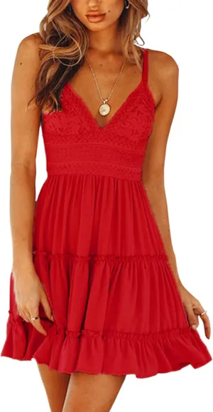 ECOWISH Summer Dresses for Women 2025 V-Neck Spaghetti Strap Bowknot Backless Sleeveless Lace Mini Swing Skater Dress