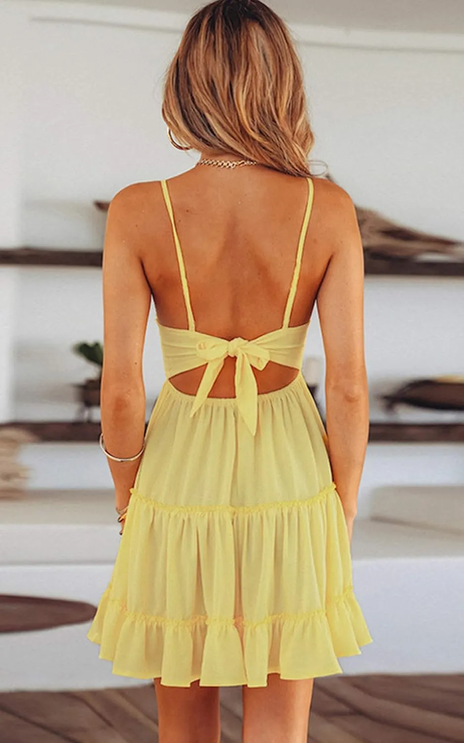 ECOWISH Summer Dresses for Women 2025 V-Neck Spaghetti Strap Bowknot Backless Sleeveless Lace Mini Swing Skater Dress