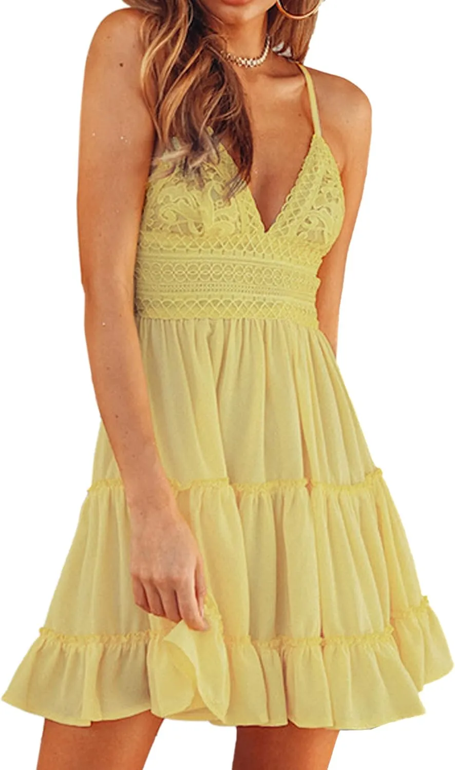 ECOWISH Summer Dresses for Women 2025 V-Neck Spaghetti Strap Bowknot Backless Sleeveless Lace Mini Swing Skater Dress
