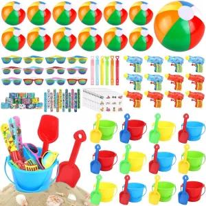 Elcoho 84 Pieces Pool Party Favors Beach Sand Toys Set Sunglasses Beach Ball Sand Bucket and Shovels Set Water Squirt Guns Bubble Wands Slap Bracelets Summer Beach Party Favors for Birthday Graduation