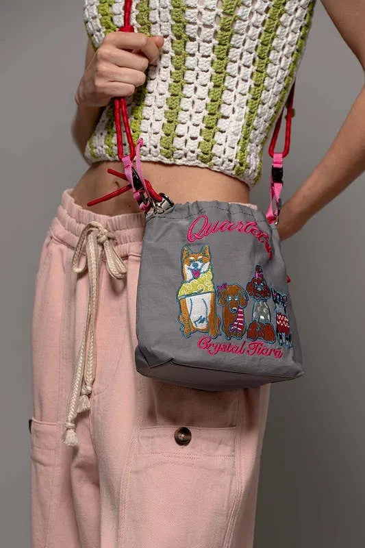 Embroidered Band Character Drawstring Crossbody