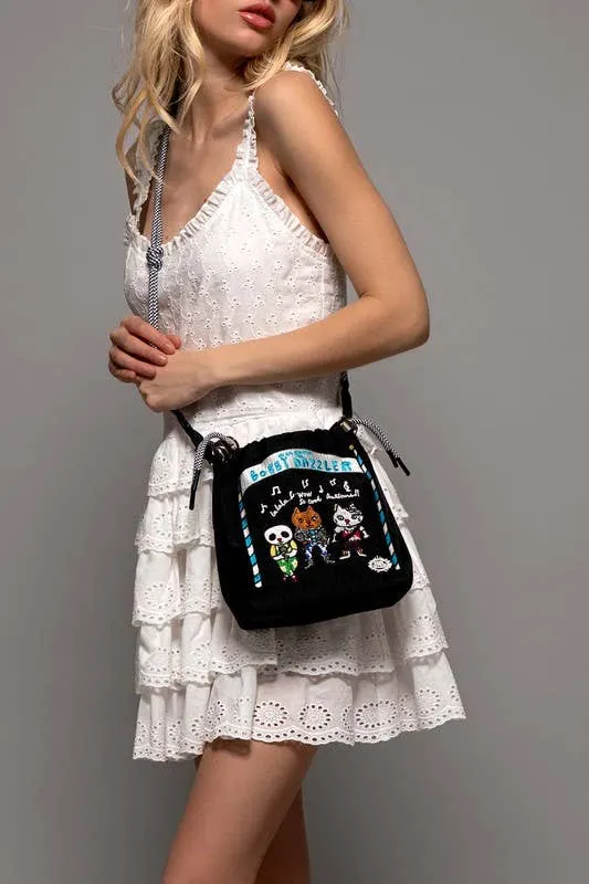 Embroidered Band Character Drawstring Crossbody