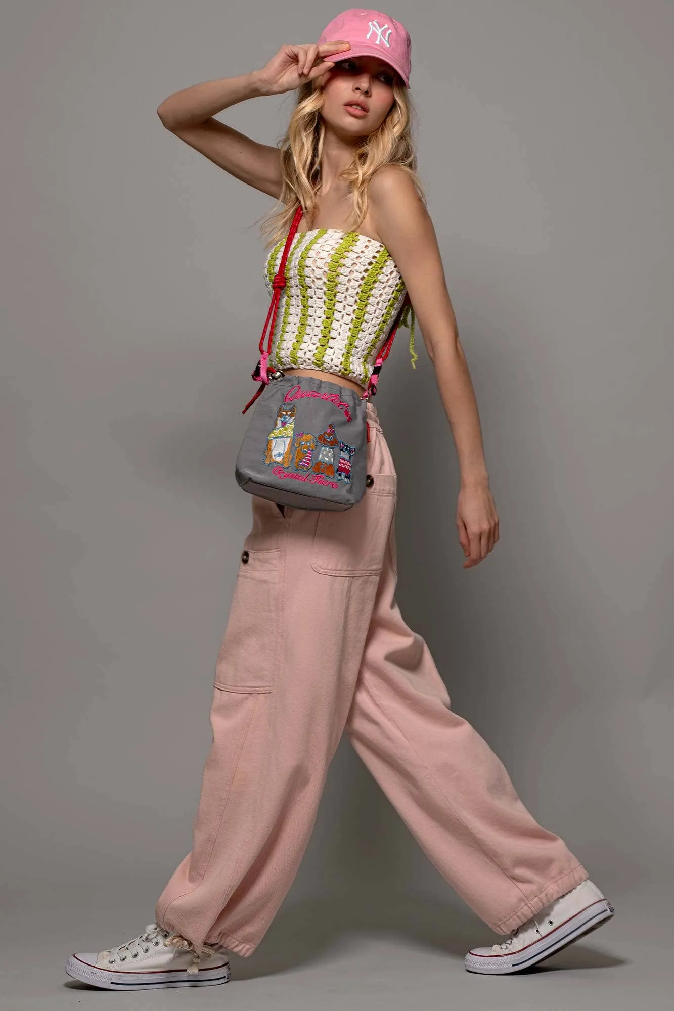 Embroidered Band Character Drawstring Crossbody