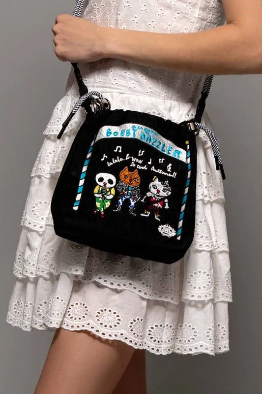 Embroidered Band Character Drawstring Crossbody