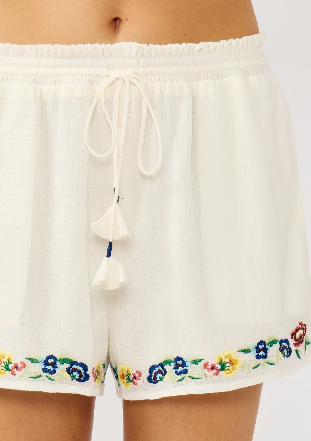 Embroidered Cotton Gauze Smocked Waist Shorts