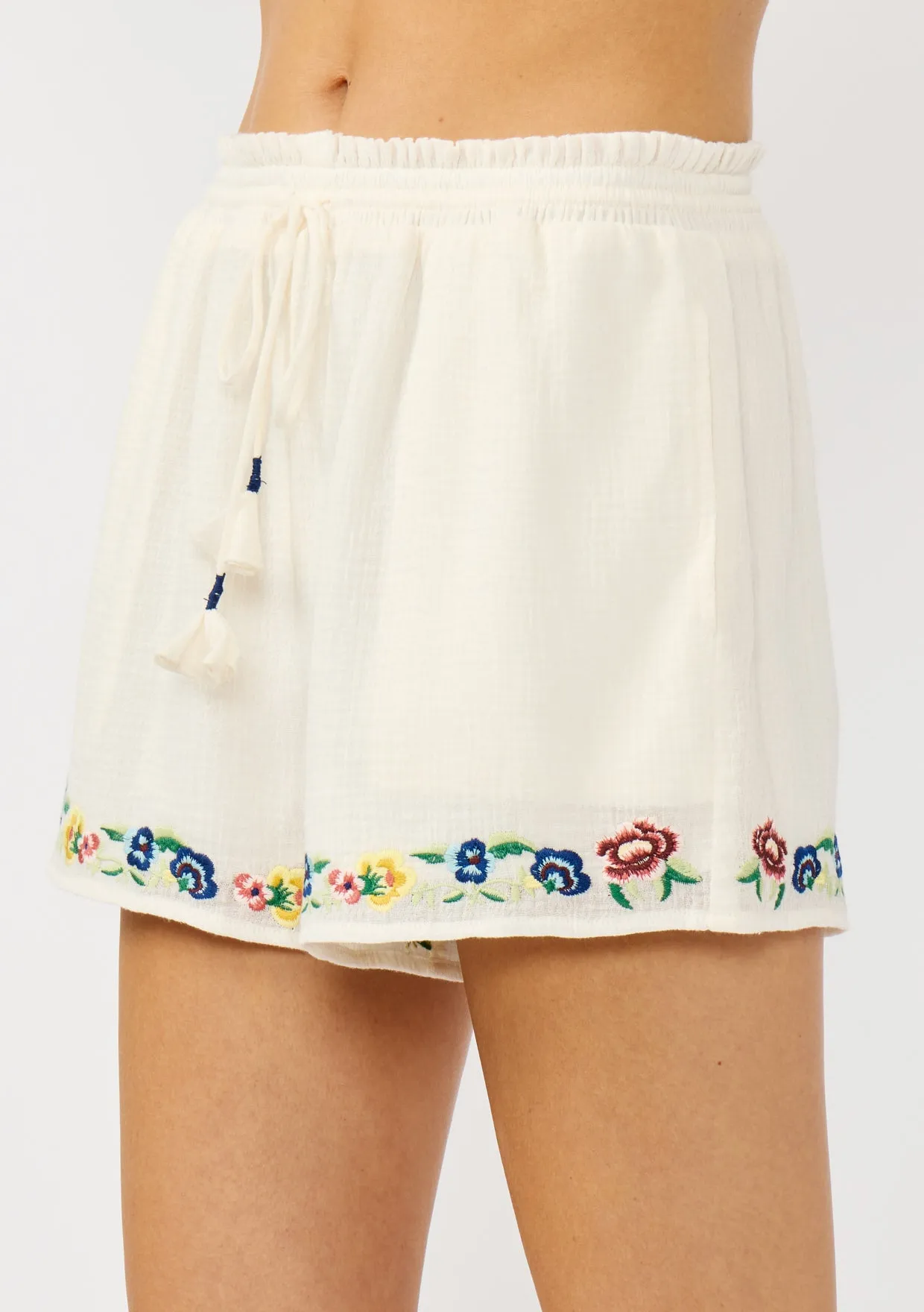 Embroidered Cotton Gauze Smocked Waist Shorts