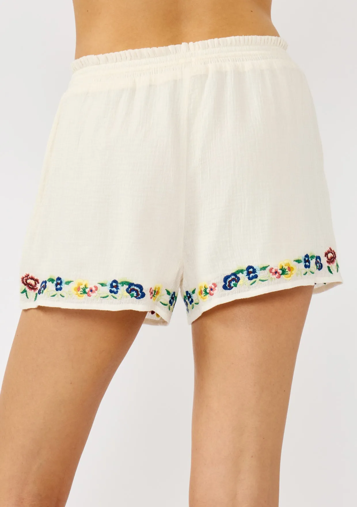 Embroidered Cotton Gauze Smocked Waist Shorts