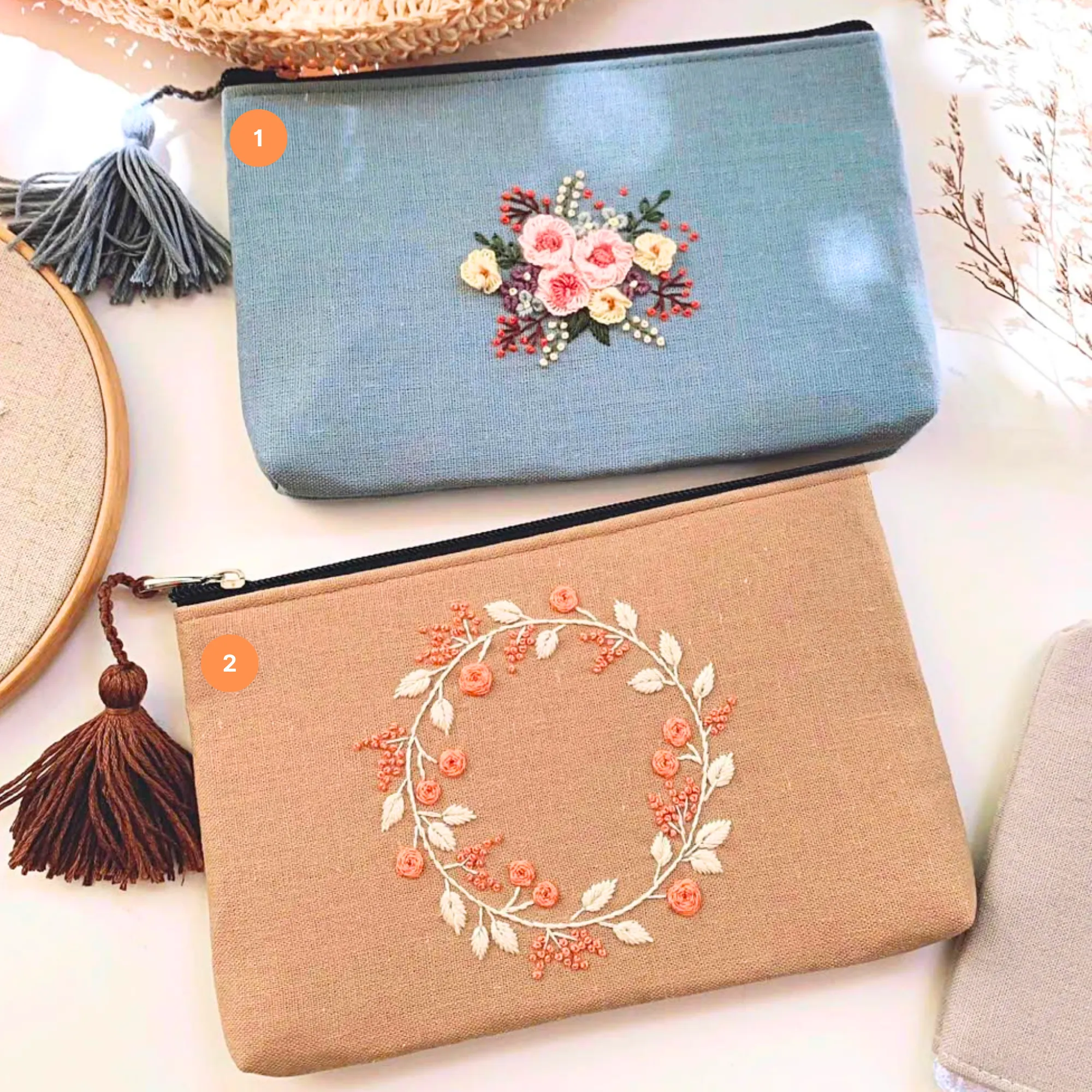 Embroidered Flower Pouch, Drawstring Toiletry Bag, Zipper Coin Purse, Bridesmaid Gift, Wedding Favor, Gift for Her