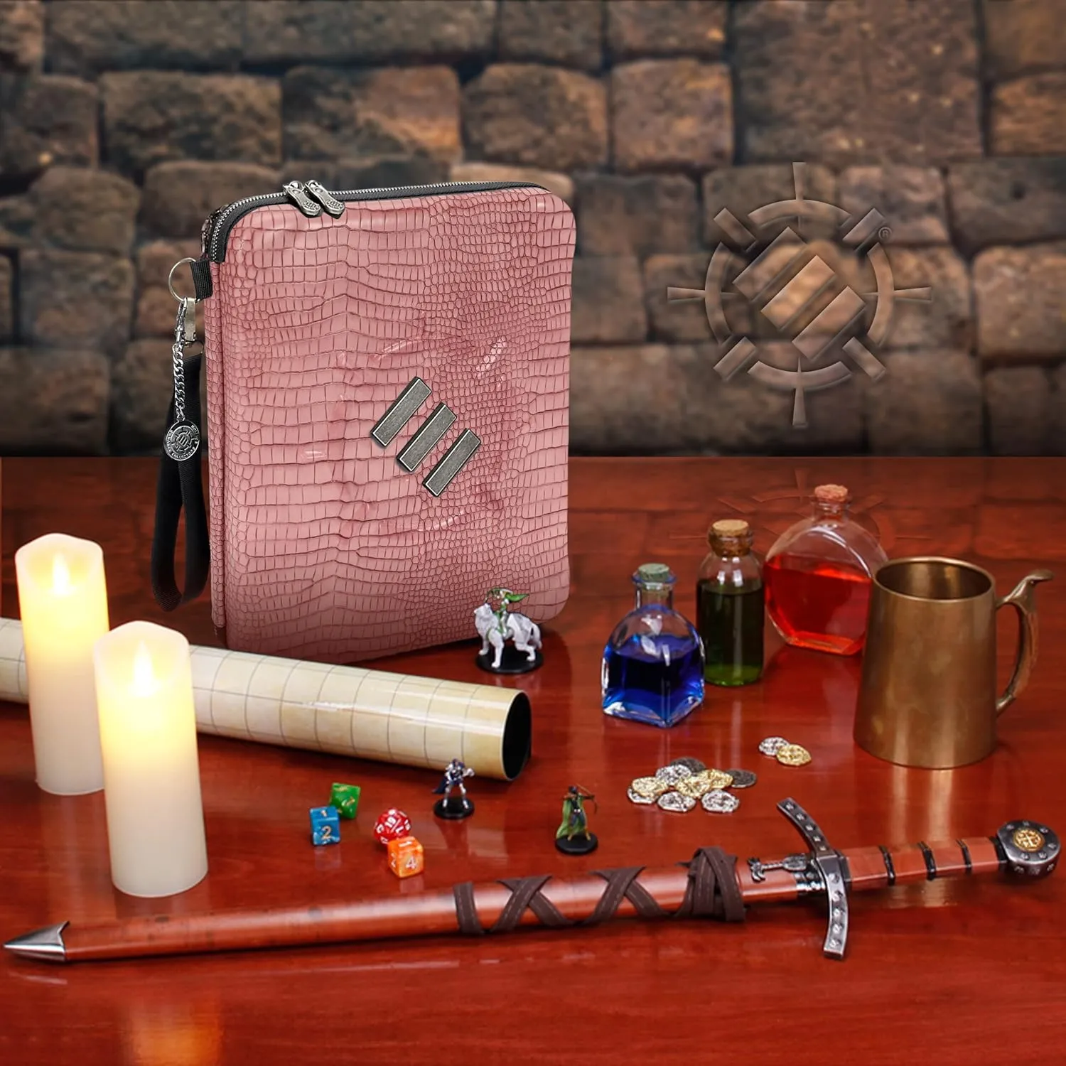 ENHANCE RPG Organizer Case - DnD Binder with Built-in Character Sheet Holder and Erasable Scribe Panel, Dice Rolling Area, Removable Pen Pouch, Miniature Foam Tray, Wrist Strap