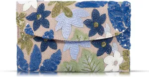 Envelope Package, Clutch Purses for Women, Sequin Embroidered Flowers Straw Bag, Bohemian Handmade Handbags, Beach Bag for Vacation, Travel, Banquet (Blue Flower)