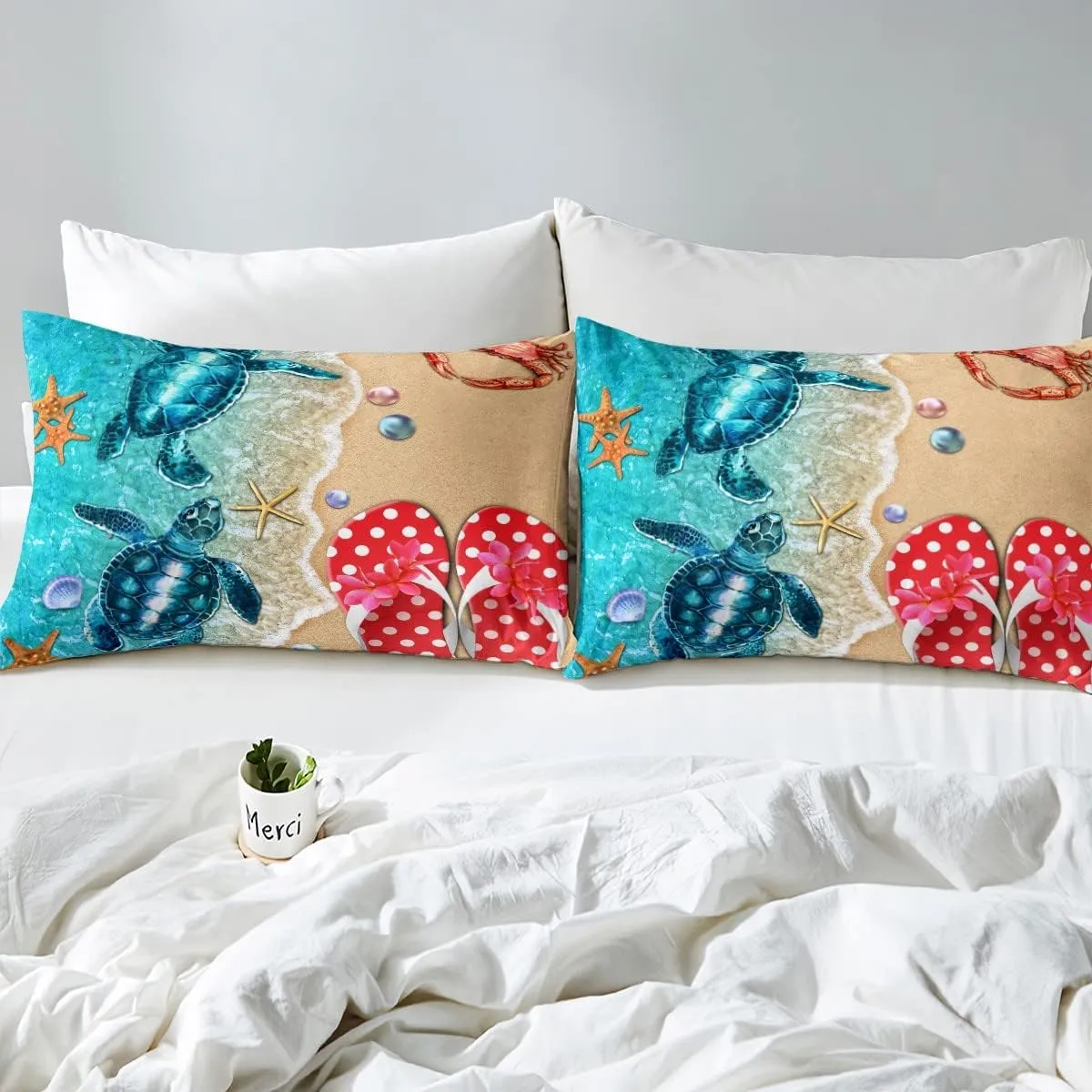 Erosebridal Coastal Sea Bedding Sets King Beach Themed Comforter Cover, Ocean Animal Print Bed Set Marine Sealife Duvet Cover, Starfish Crab Slippers Quilt Cover with 2 Pillow Shams (No Comforter)