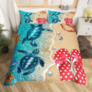 Erosebridal Coastal Sea Bedding Sets King Beach Themed Comforter Cover, Ocean Animal Print Bed Set Marine Sealife Duvet Cover, Starfish Crab Slippers Quilt Cover with 2 Pillow Shams (No Comforter)