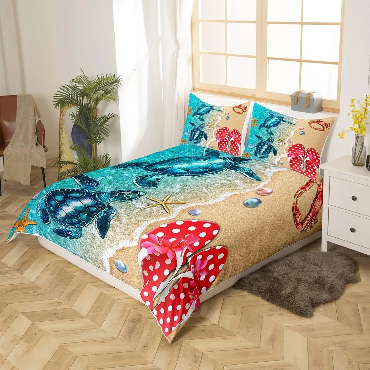 Erosebridal Coastal Sea Bedding Sets King Beach Themed Comforter Cover, Ocean Animal Print Bed Set Marine Sealife Duvet Cover, Starfish Crab Slippers Quilt Cover with 2 Pillow Shams (No Comforter)