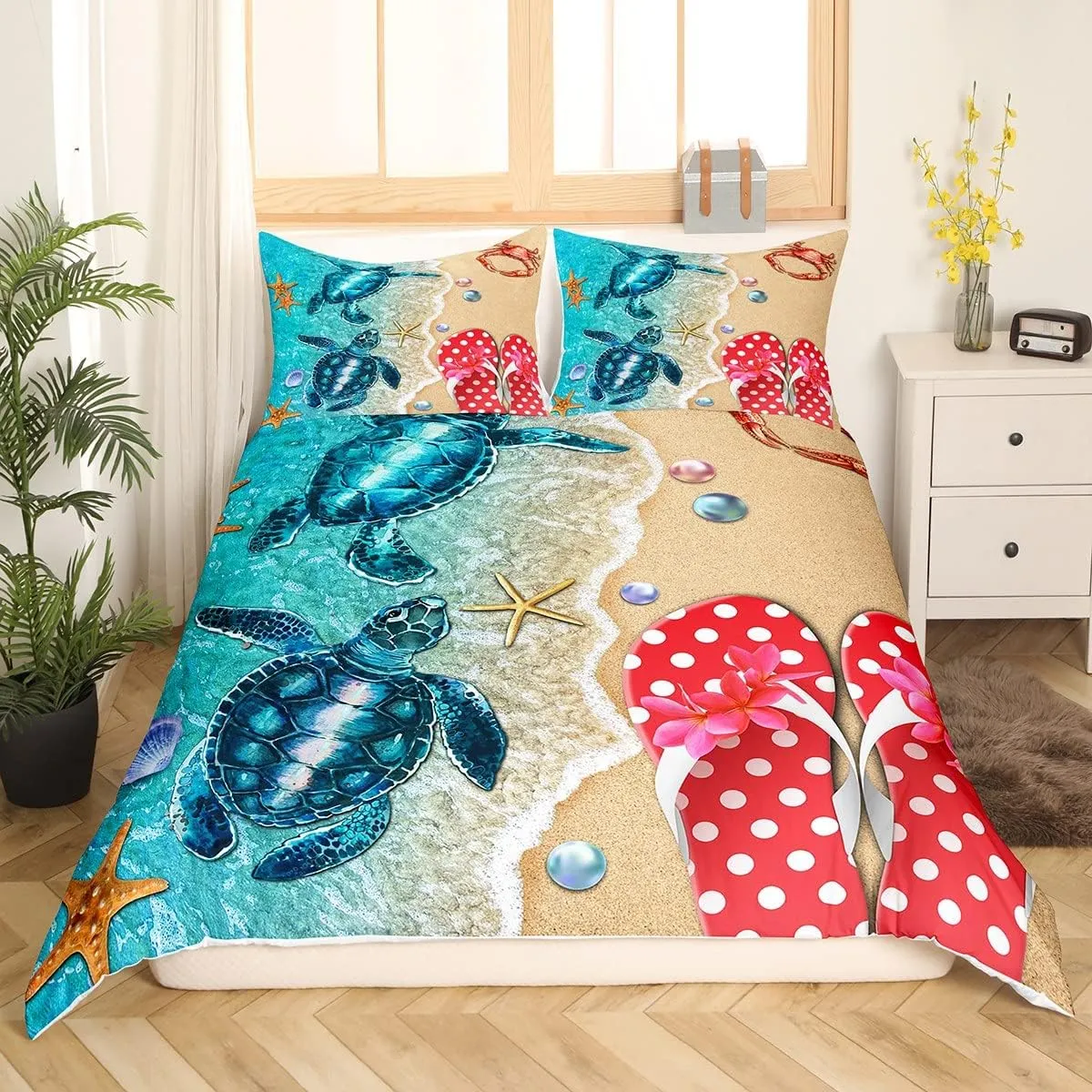 Erosebridal Coastal Sea Bedding Sets King Beach Themed Comforter Cover, Ocean Animal Print Bed Set Marine Sealife Duvet Cover, Starfish Crab Slippers Quilt Cover with 2 Pillow Shams (No Comforter)
