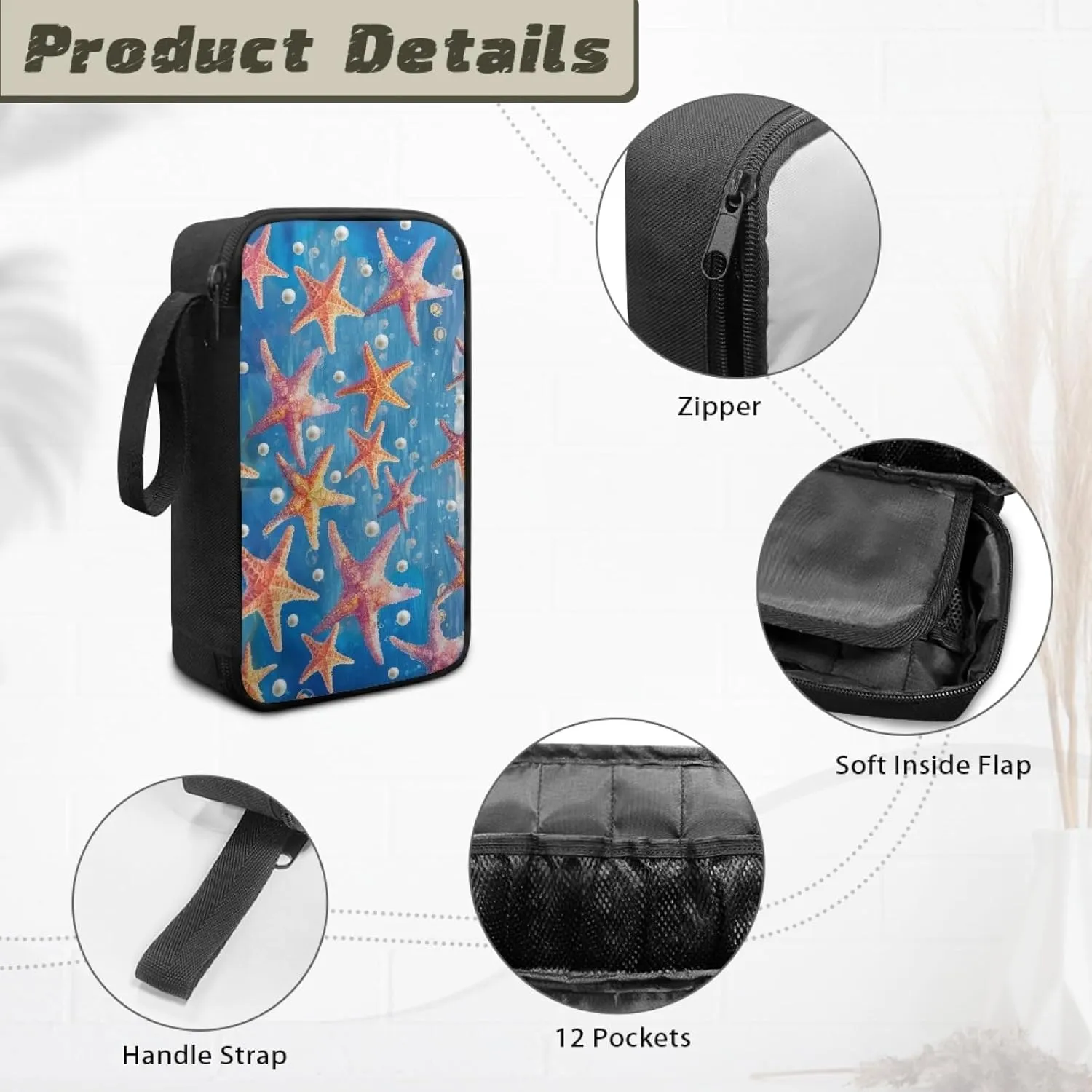 Essential Oils Storage Case for 12 Bottles,Beach Starfish Waterproof Holding Up to 5/10/15 ml Bottles Essential Oils Storage Men Women Gifts