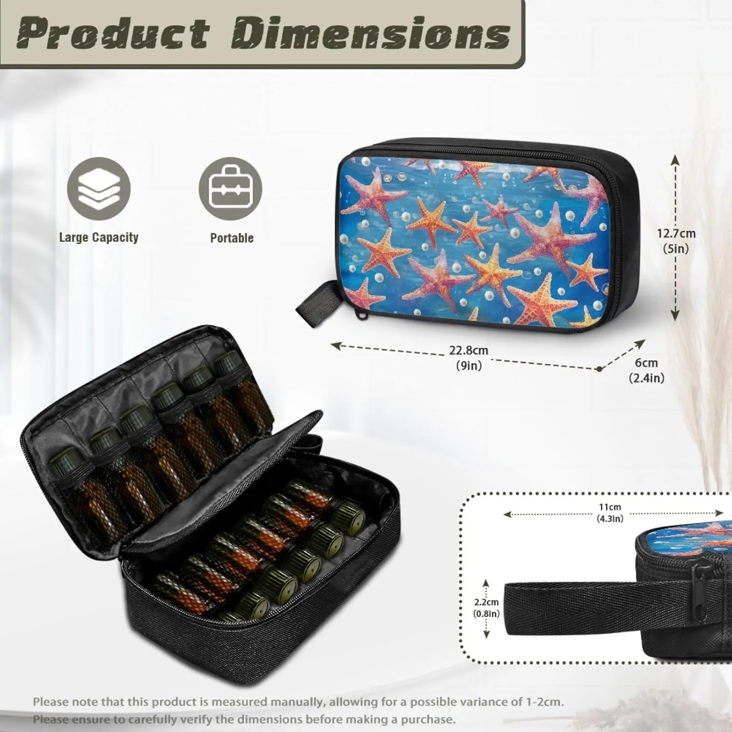 Essential Oils Storage Case for 12 Bottles,Beach Starfish Waterproof Holding Up to 5/10/15 ml Bottles Essential Oils Storage Men Women Gifts