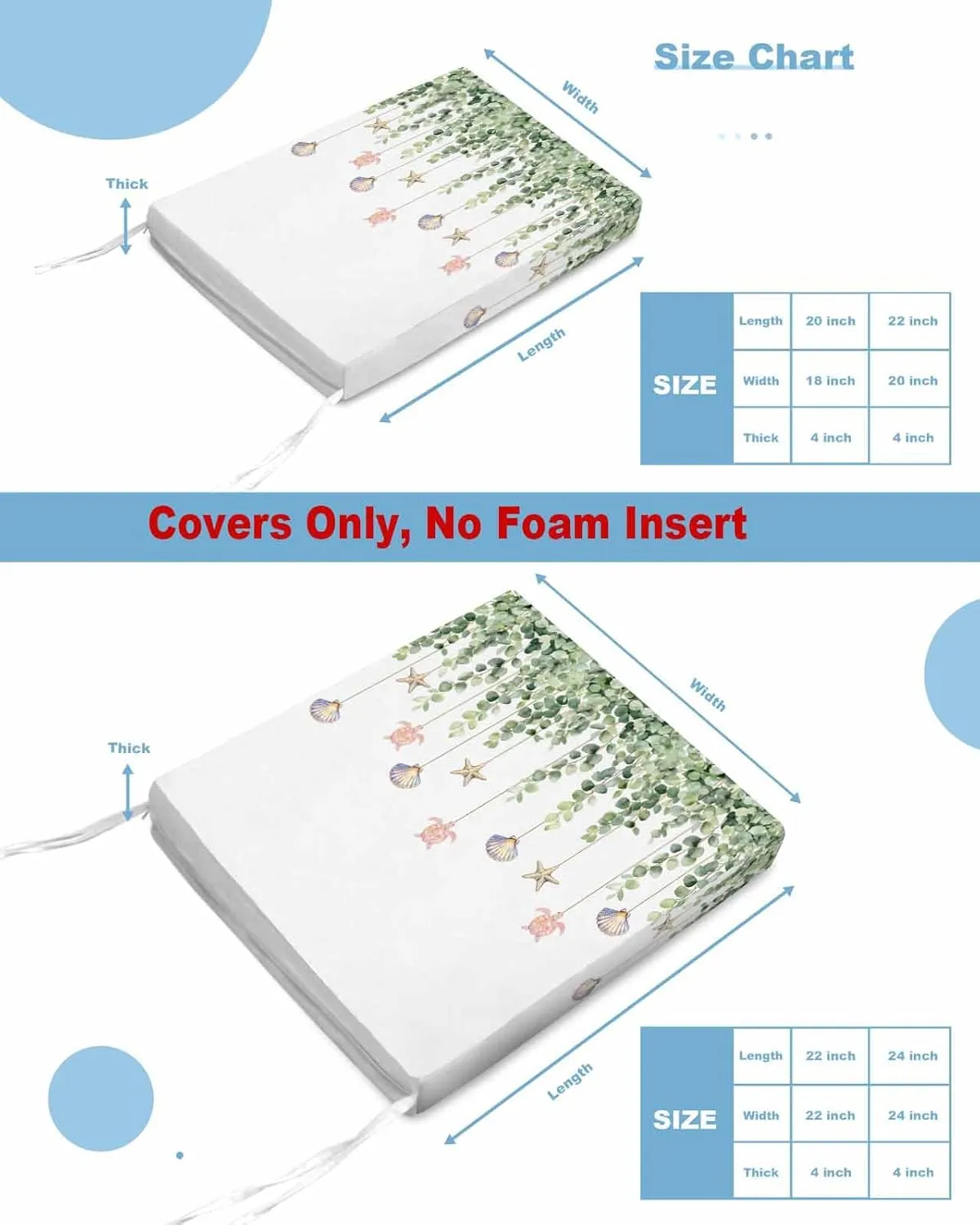 Eucalyptus Leaf Outdoor Cushion Chair Cover Set of 4 - Waterproof Couch Seat Covers, Coastal Beach Starfish Nautical Ocean Patio Furniture Protector Cushions Slipcovers for Sofa/RV, 22"x22"x4"
