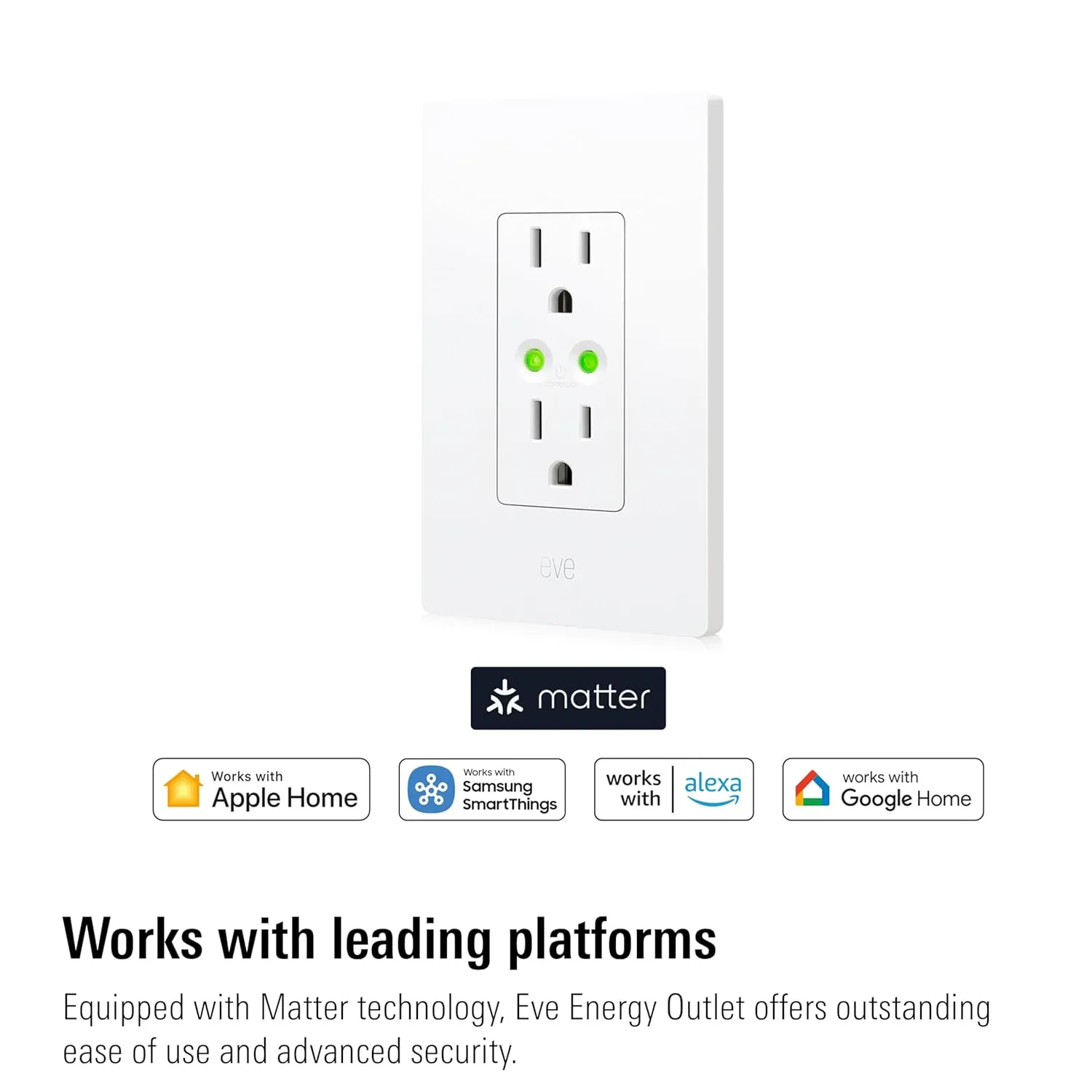 Eve Energy Outlet (Matter) – Smart Outlet & Power Meter, App & Voice Control, No Bridge, Thread, Works with Apple Home, Alexa, Google Home, SmartThings, 100% Privacy, Requires Thread Border Router