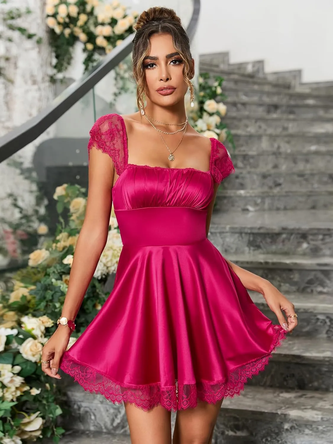 EYNMIN Women's Satin Lace Strap Mini Dress Square Neck Flowy A-Line Ruffle Swing Casual Short Dresses
