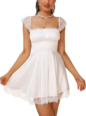 EYNMIN Women's Satin Lace Strap Mini Dress Square Neck Flowy A-Line Ruffle Swing Casual Short Dresses