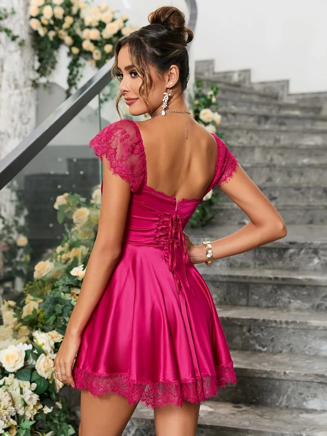 EYNMIN Women's Satin Lace Strap Mini Dress Square Neck Flowy A-Line Ruffle Swing Casual Short Dresses