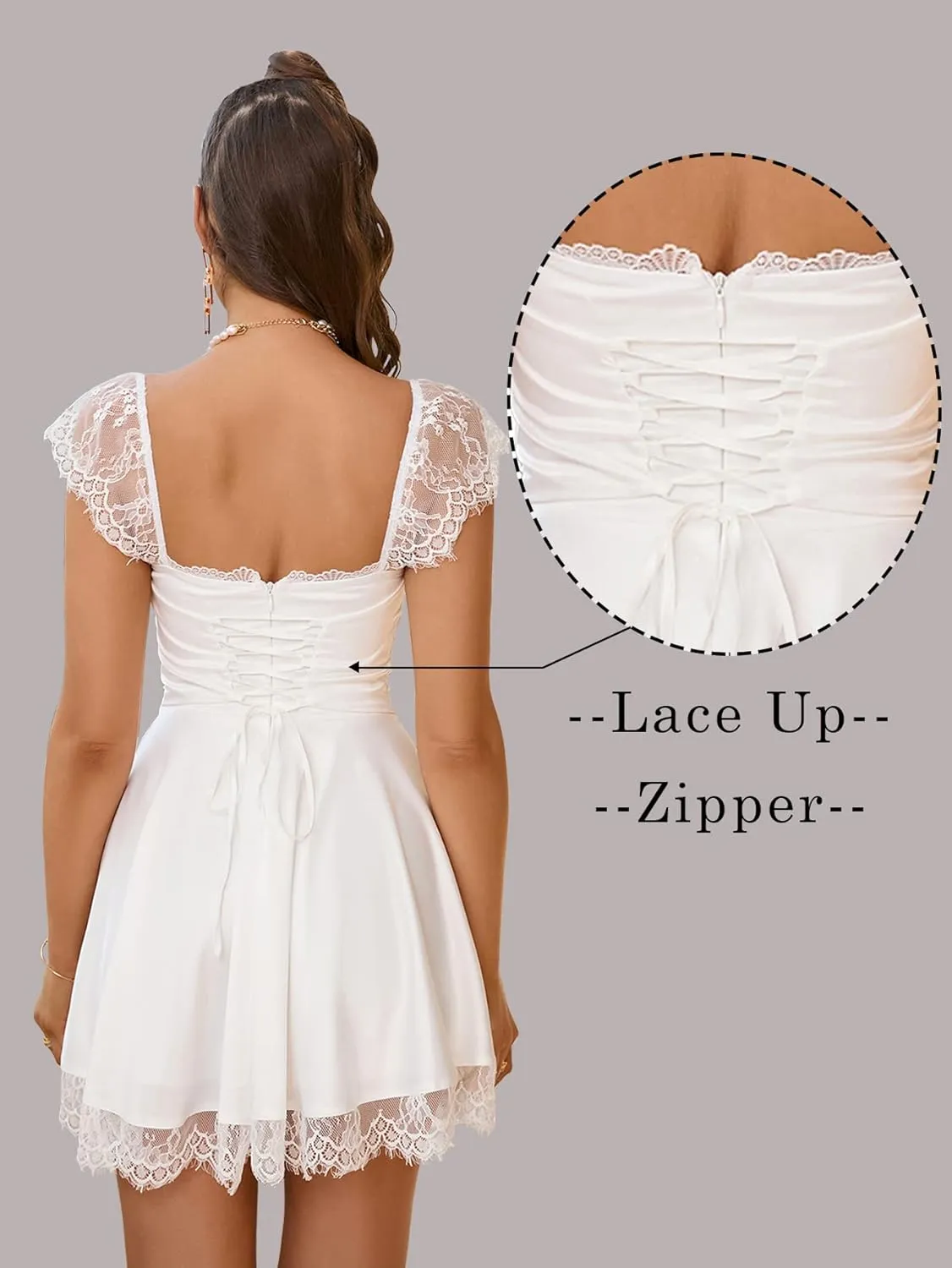 EYNMIN Women's Satin Lace Strap Mini Dress Square Neck Flowy A-Line Ruffle Swing Casual Short Dresses