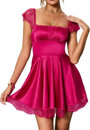 EYNMIN Women's Satin Lace Strap Mini Dress Square Neck Flowy A-Line Ruffle Swing Casual Short Dresses