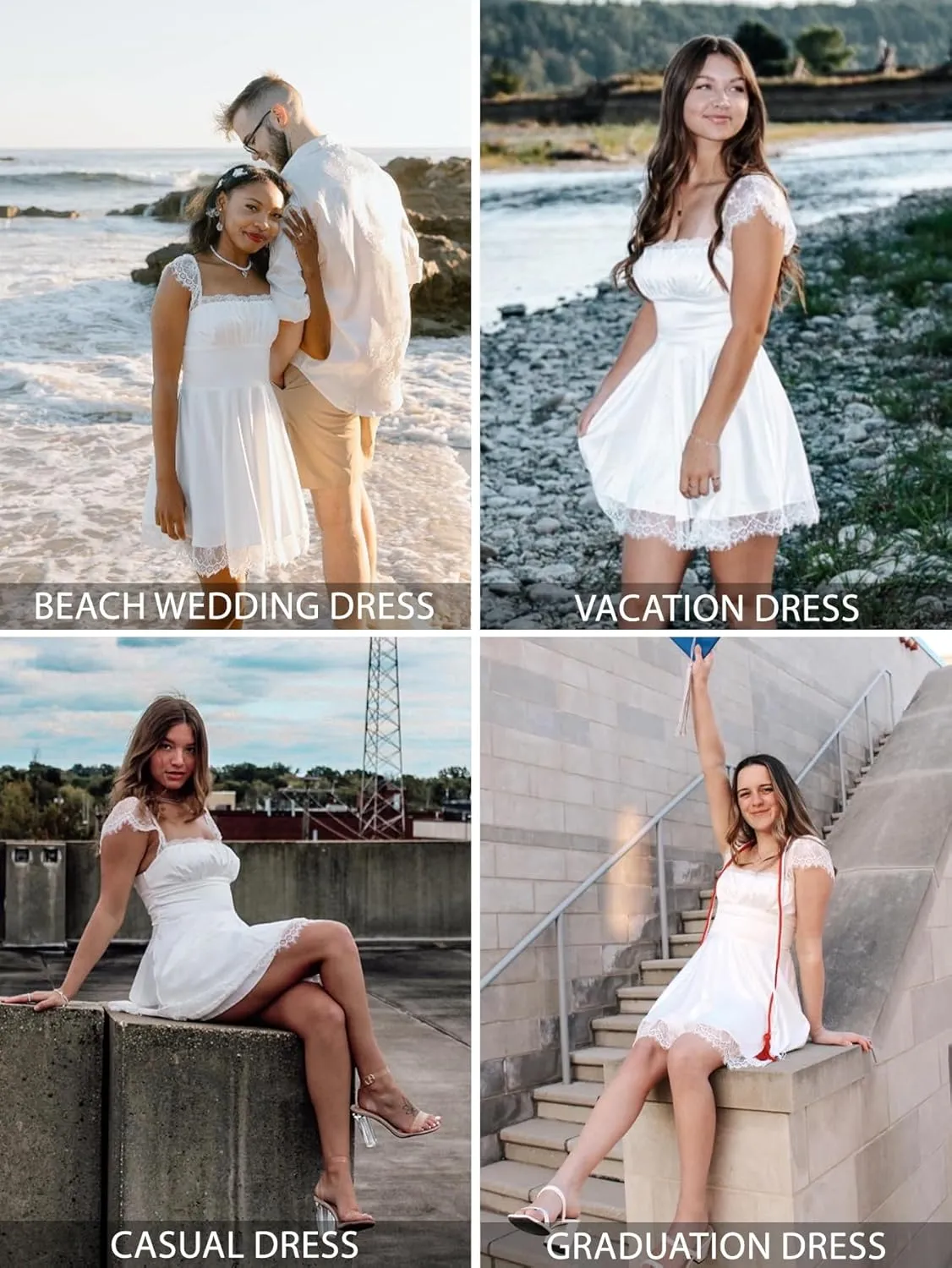 EYNMIN Women's Satin Lace Strap Mini Dress Square Neck Flowy A-Line Ruffle Swing Casual Short Dresses