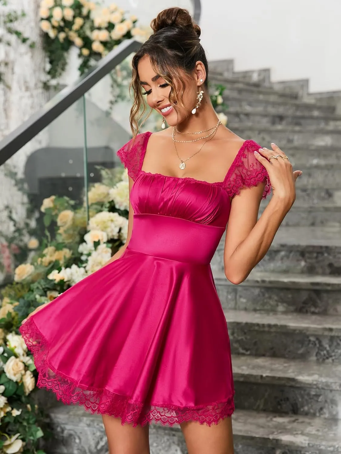 EYNMIN Women's Satin Lace Strap Mini Dress Square Neck Flowy A-Line Ruffle Swing Casual Short Dresses