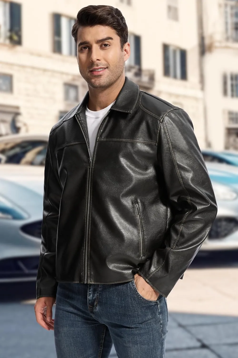 Fahsyee Leather Jacket Men Faux Lightweight Bomber Jackets Mens Motorcycle Vintage Lapel Coats with Zipper and Pockets