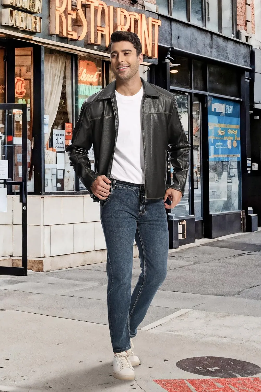 Fahsyee Leather Jacket Men Faux Lightweight Bomber Jackets Mens Motorcycle Vintage Lapel Coats with Zipper and Pockets